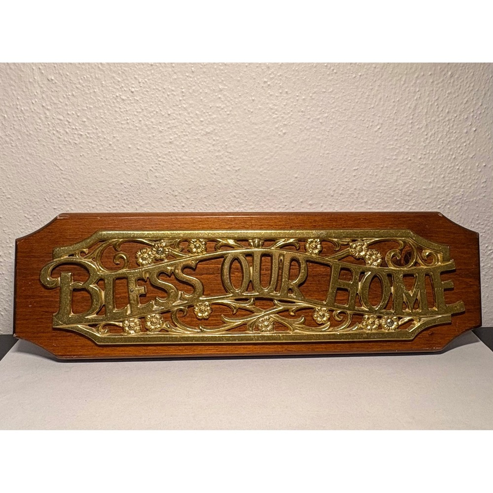 Vintage Wall Hanging Plaque Unisex OS Gold Bless Our Home Wood Good Filigree